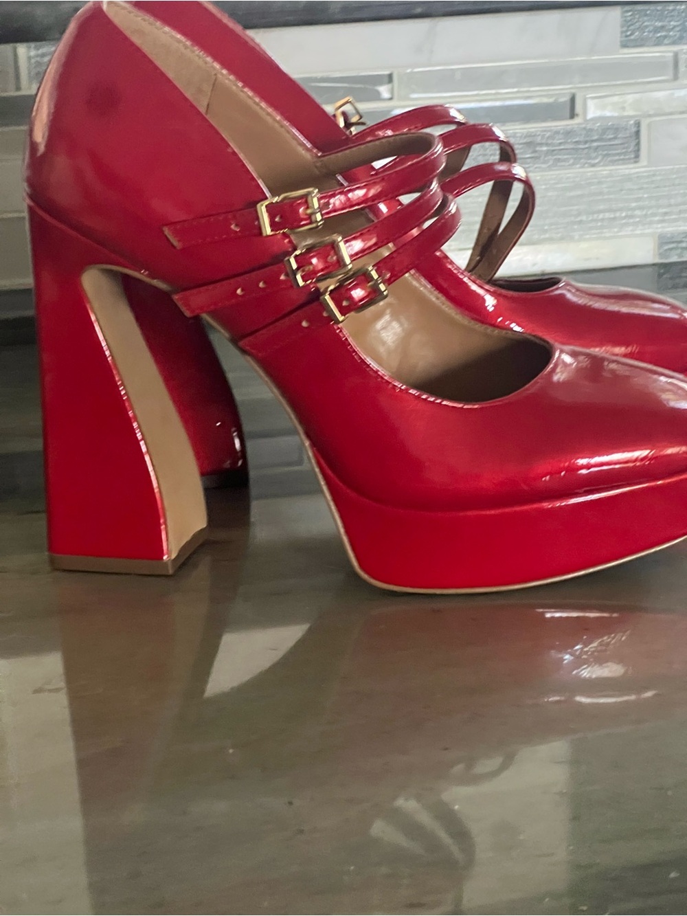 Jessica Simpson Red Patent Triple-Strap Platform Heels